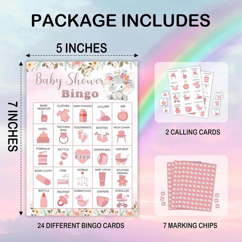 Mueddur Baby Shower Bingo Card, Pink Elephant Bingo Game for Adults Large Group Family, Blush Pink Floral Elephant Game Kit for Gender Reveal Party, Holiday Games for 24 Players -12 - Image 2